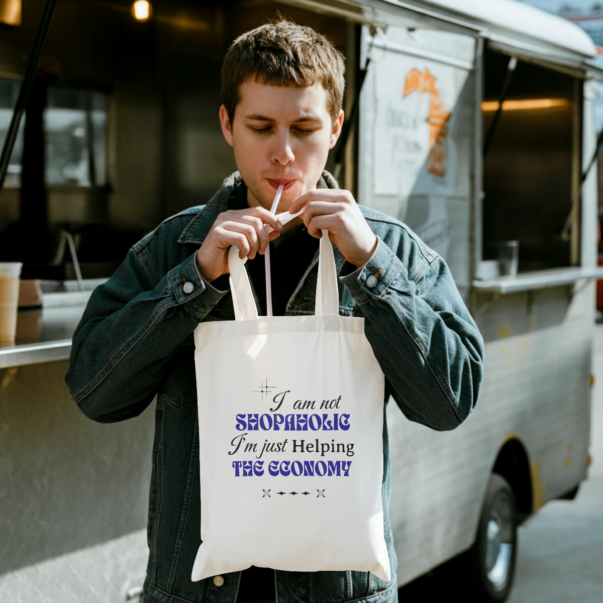 I Am Not a Shopaholic" small canvas tote bag with bold black text on a white background.