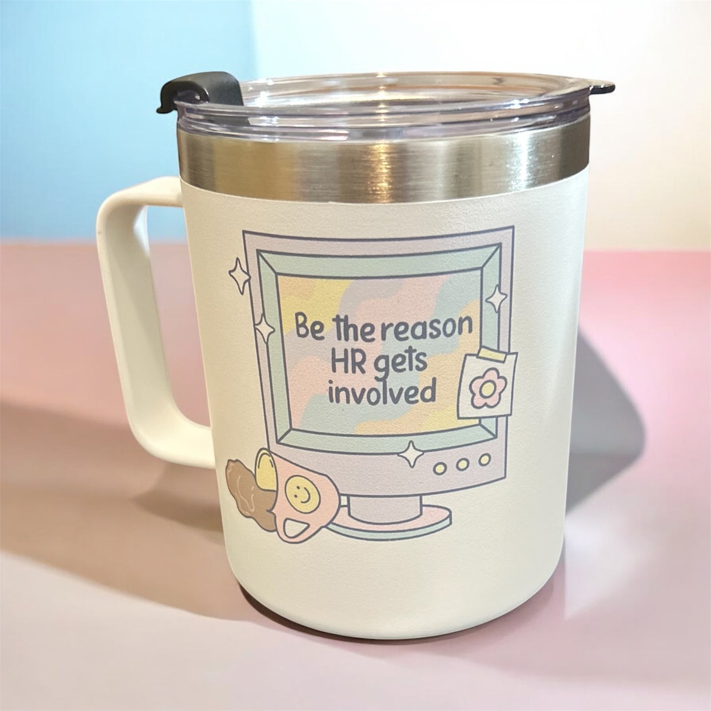 Funny sarcastic mug: "Be the Reason HR Gets Involved" with humorous text on a white ceramic mug.