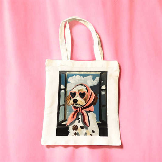 Cute Dog Lover Tote Bag – Aesthetic Puppy with Heart Sunglasses Canvas Reusable Shopping Bag