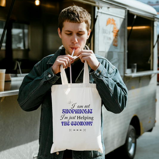 I Am Not a Shopaholic" small canvas tote bag with bold black text on a white background.