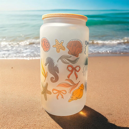 16oz Coastal Seashell Frosted Glass Tumbler with Bamboo Lid