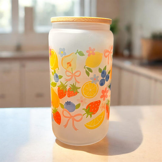 16oz Fruit & Bows Frosted Glass Tumbler with Bamboo Lid
