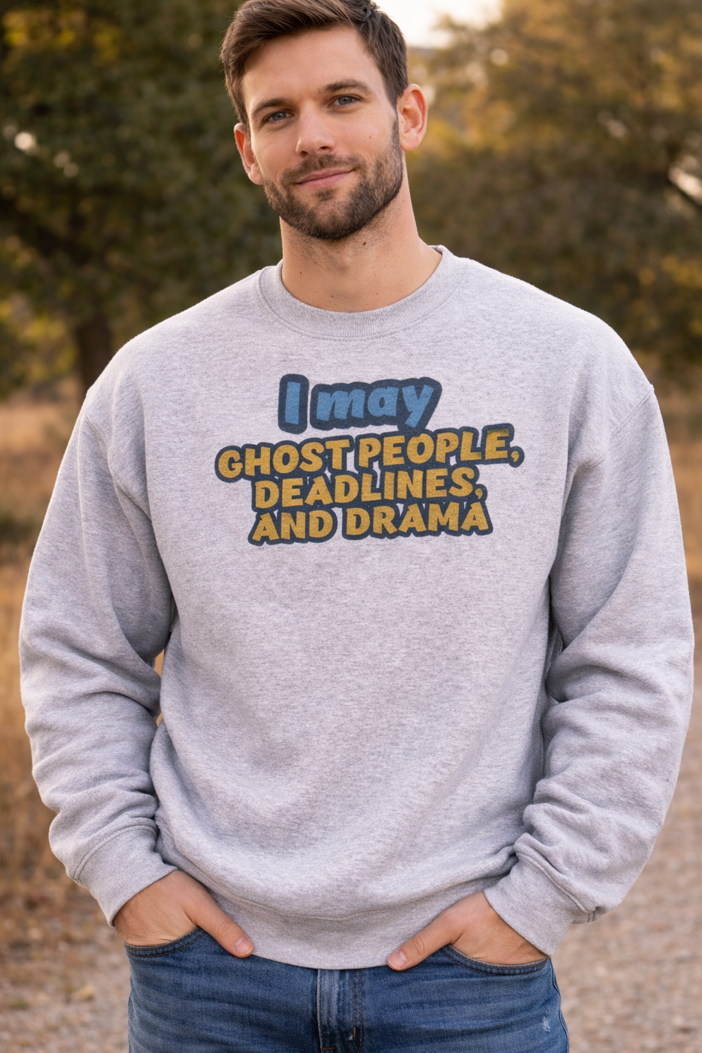 Never Ghost Leg Day Crewneck Sweatshirt in honey with a graphic of a skeleton lifting weights.